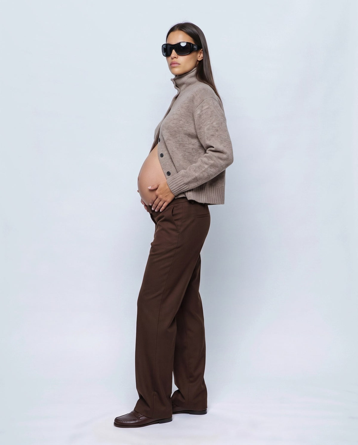 Sabine Cropped Cardigan in Oatmeal camel, side view