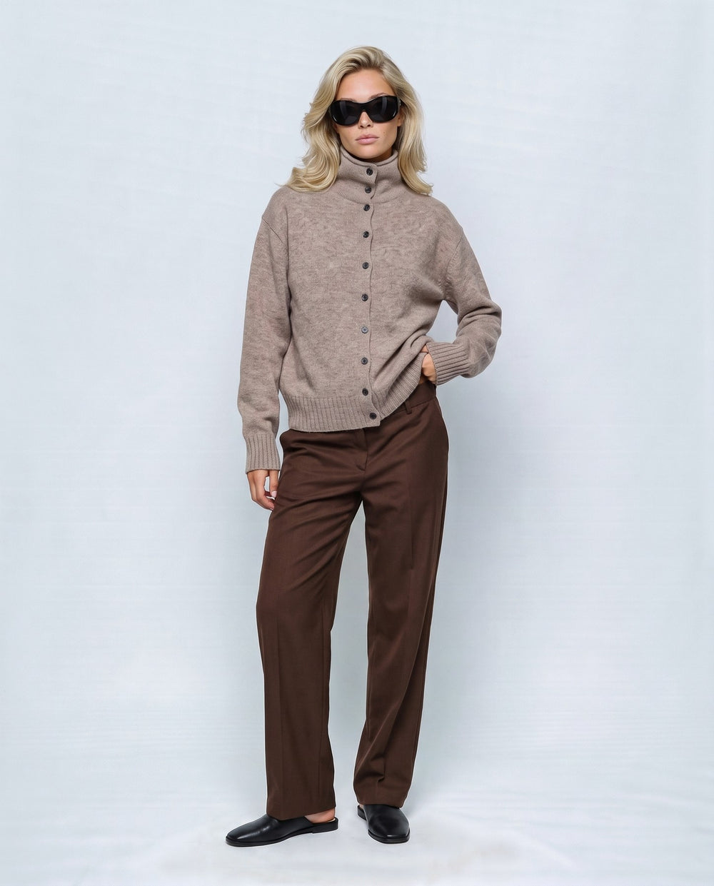 Sabine Cropped Cardigan in Oatmeal camel, front view on a non-pregnant model