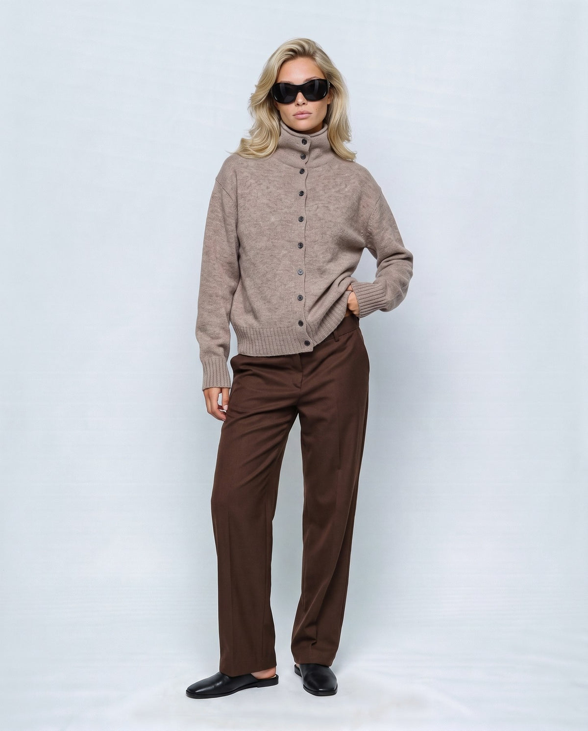 Sabine Cropped Cardigan in Oatmeal camel, front view on a non-pregnant model