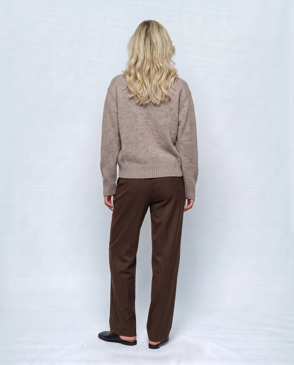 Sabine Cropped Cardigan in Oatmeal camel, back view on a non-pregnant model