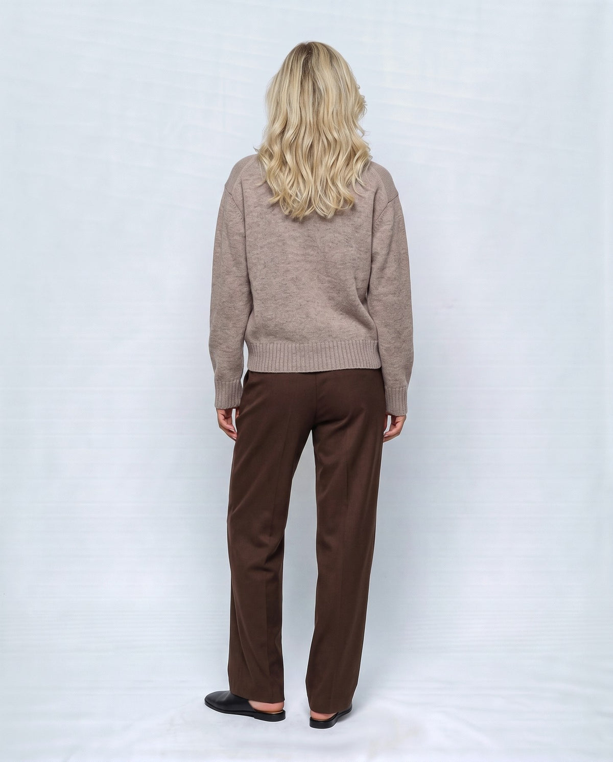 Sabine Cropped Cardigan in Oatmeal camel, back view on a non-pregnant model