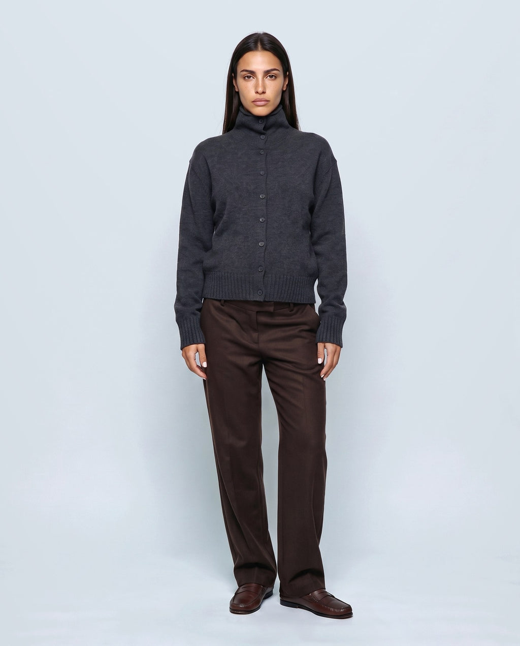 Sabine Cropped Cardigan in Smoke charcoal, closed styling