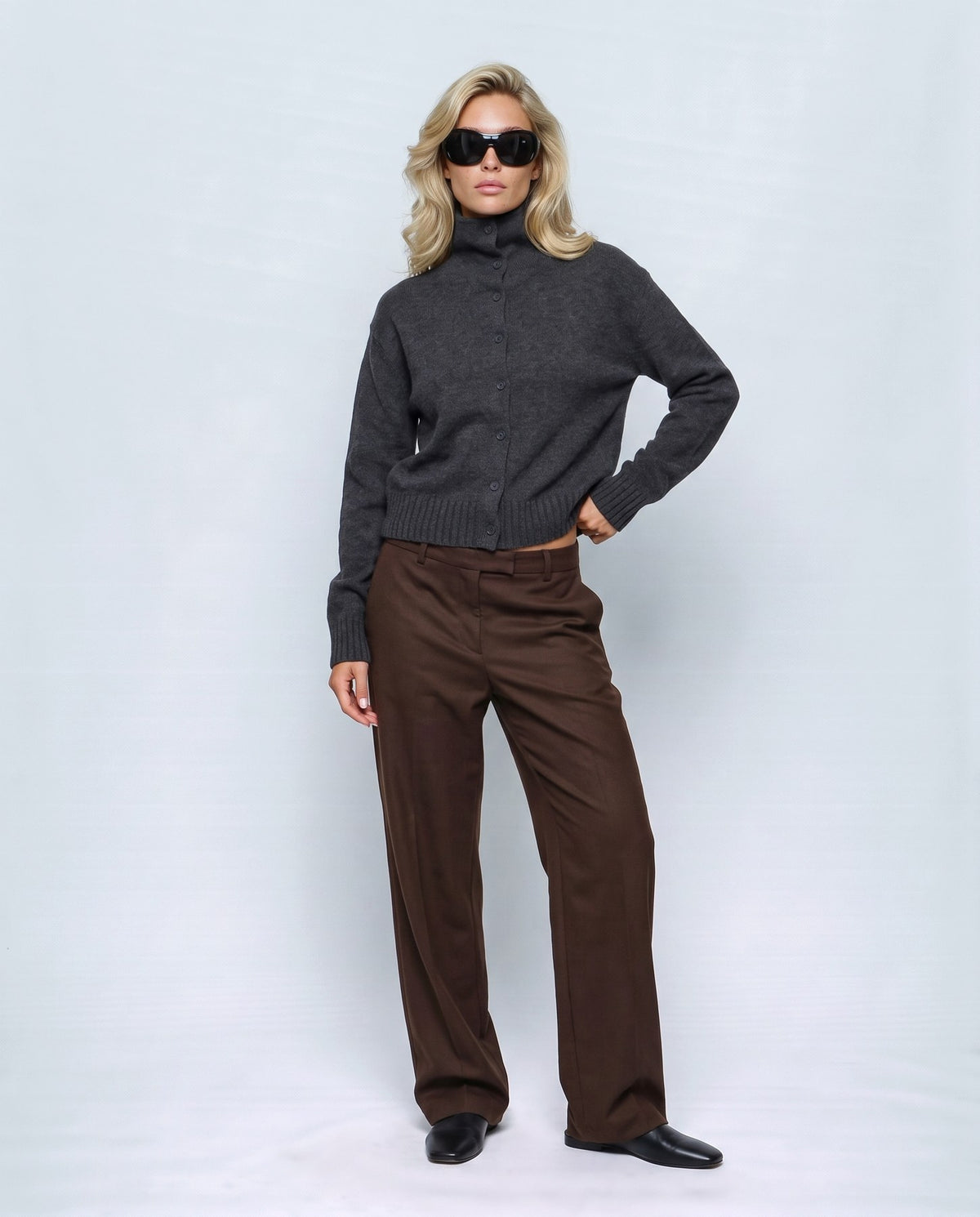 Sabine Cropped Cardigan in Smoke charcoal, front view on a non-pregnant model
