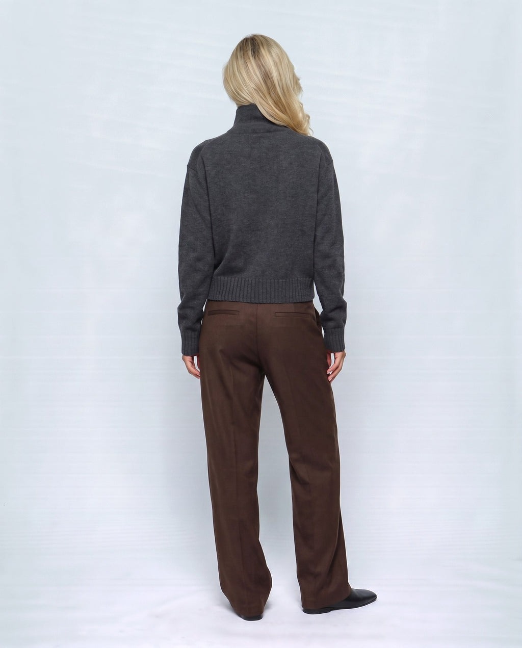 Sabine Cropped Cardigan in Smoke charcoal, back view on a non-pregnant model