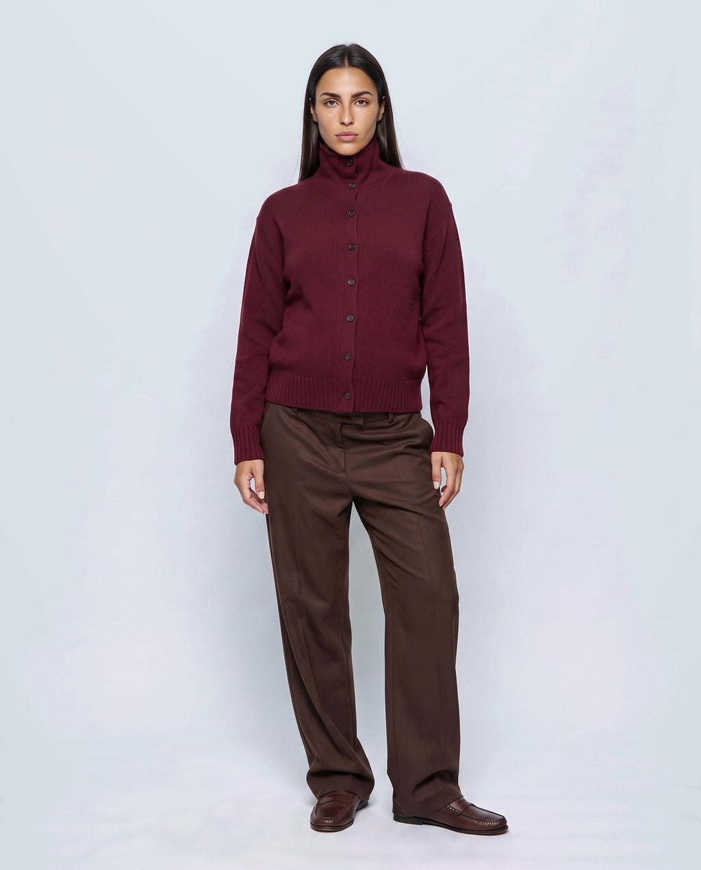 Sabine Cropped Cardigan in Vintage burgundy, closed styling