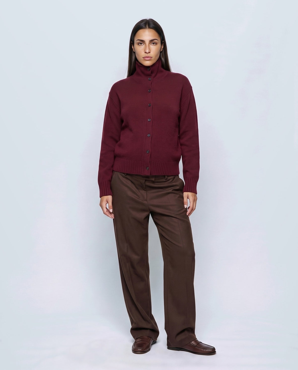 Sabine Cropped Cardigan in Vintage burgundy, closed styling