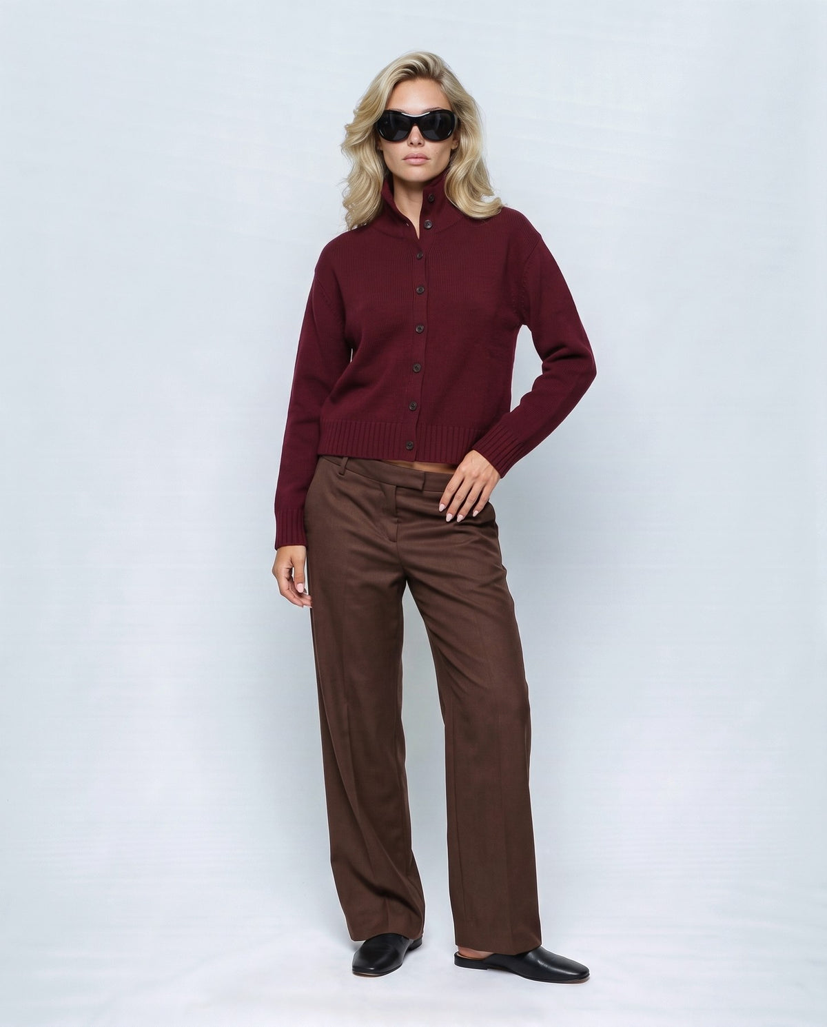 Sabine Cropped Cardigan in Vintage burgundy, front view on a non-pregnant model