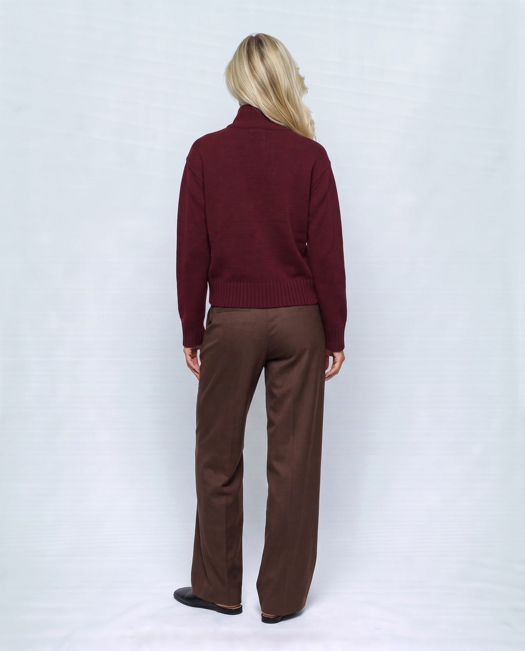 Sabine Cropped Cardigan in Vintage burgundy, back view on a non-pregnant model