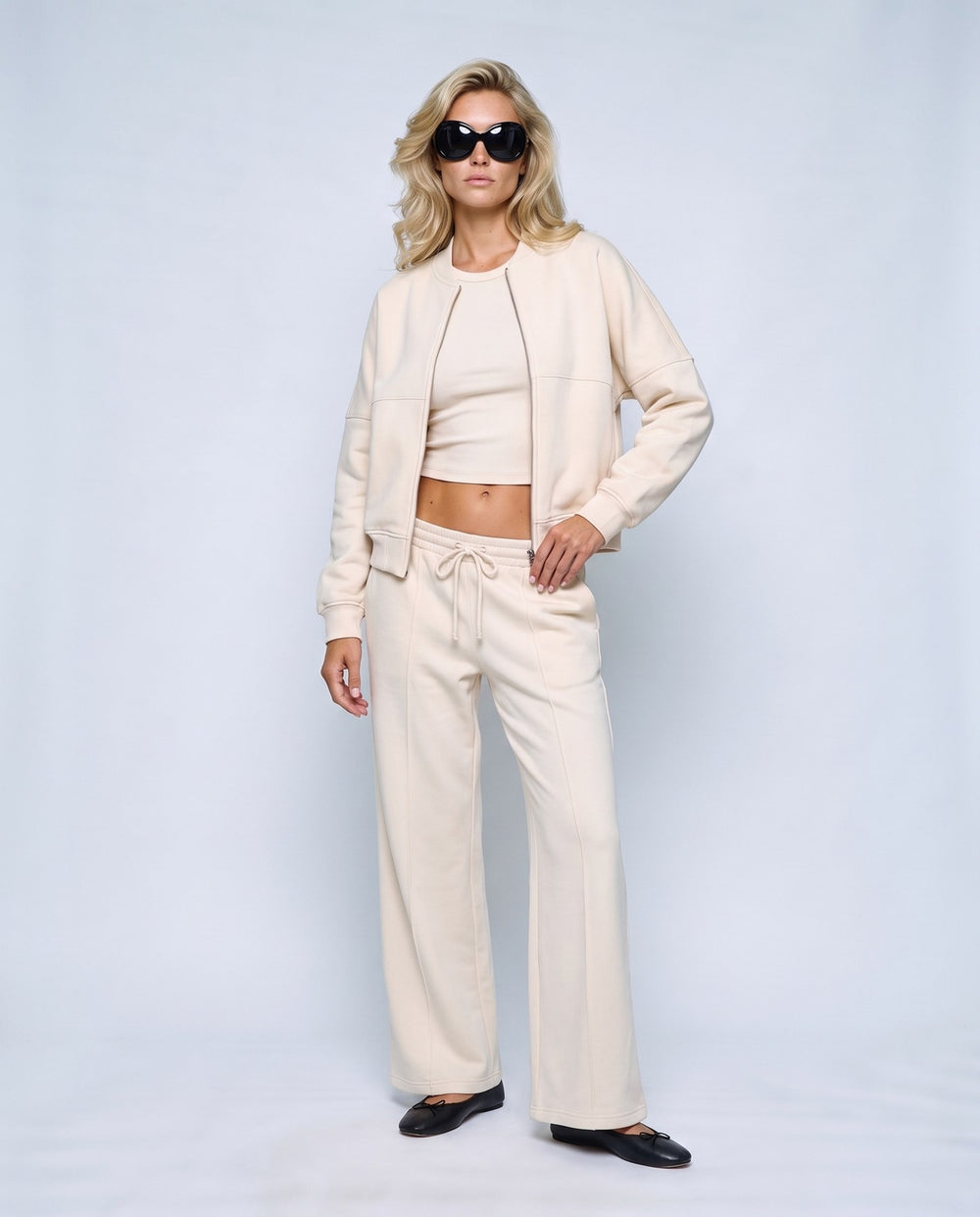 Sasha Zip Jacket & Pant Set in Beige, front view on a non-pregnant model