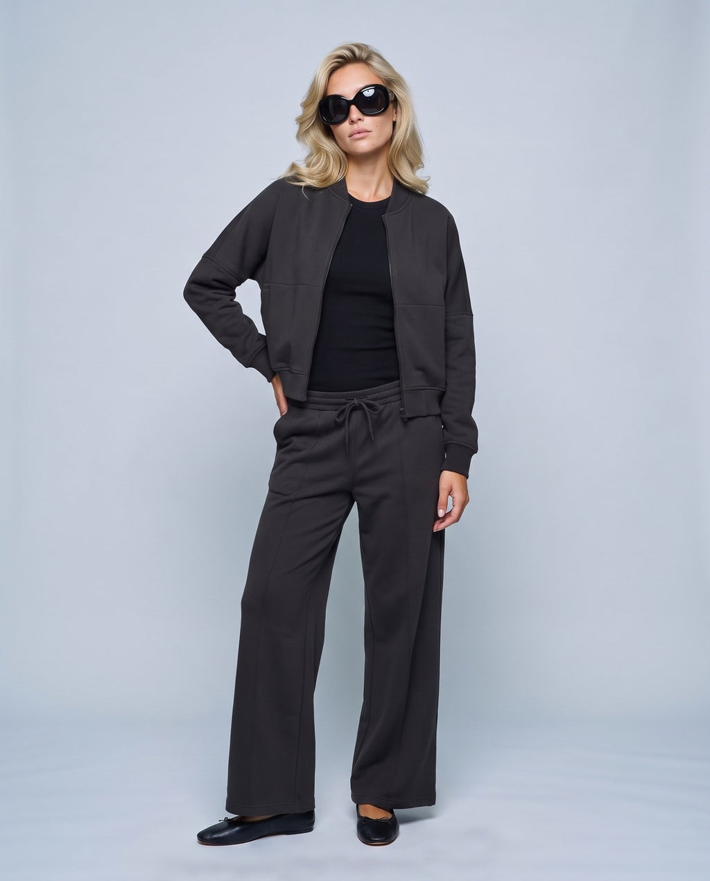 Sasha Zip Jacket & Pant Set in Black, front view on a non-pregnant model