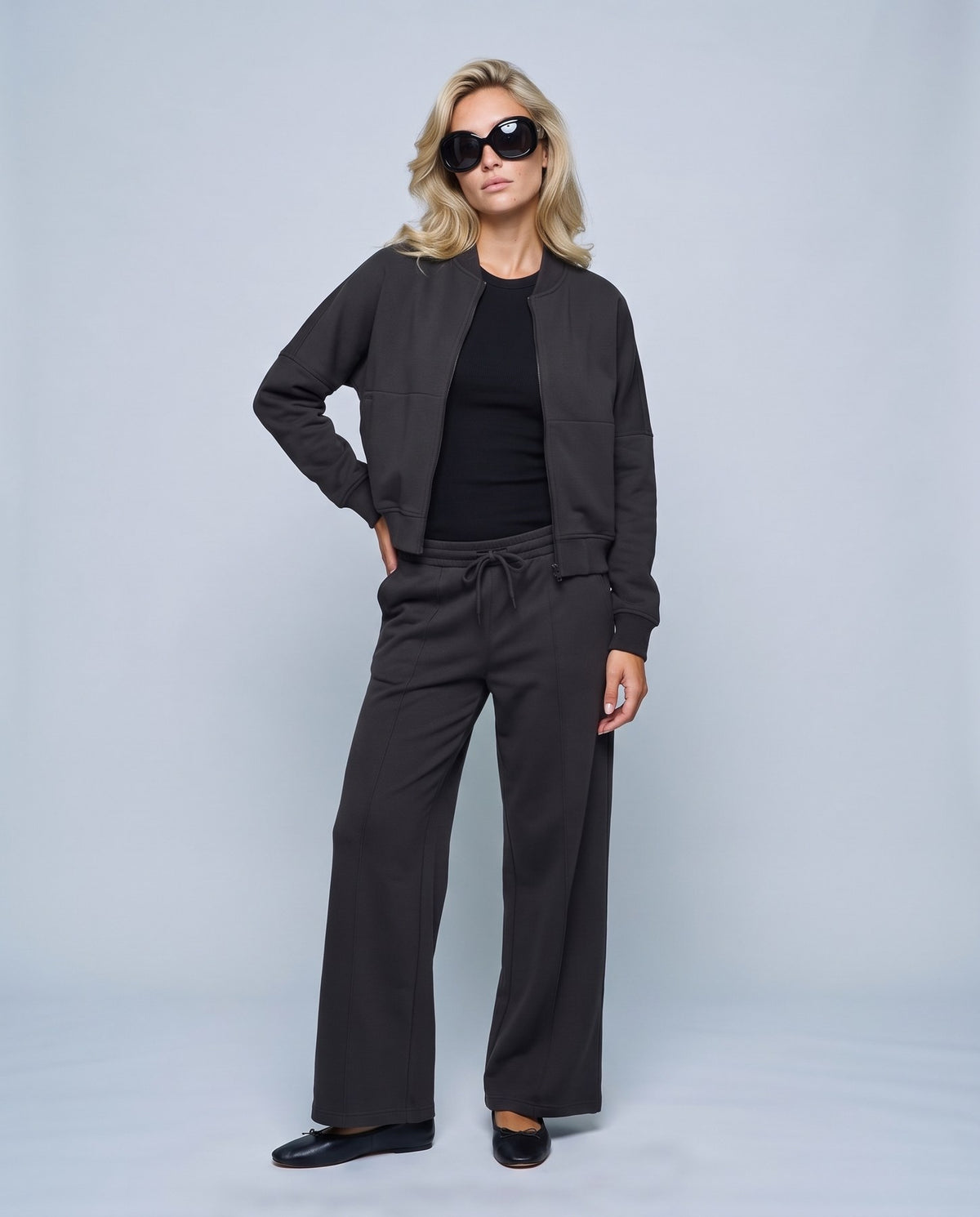Sasha Zip Jacket & Pant Set in Black, front view on a non-pregnant model
