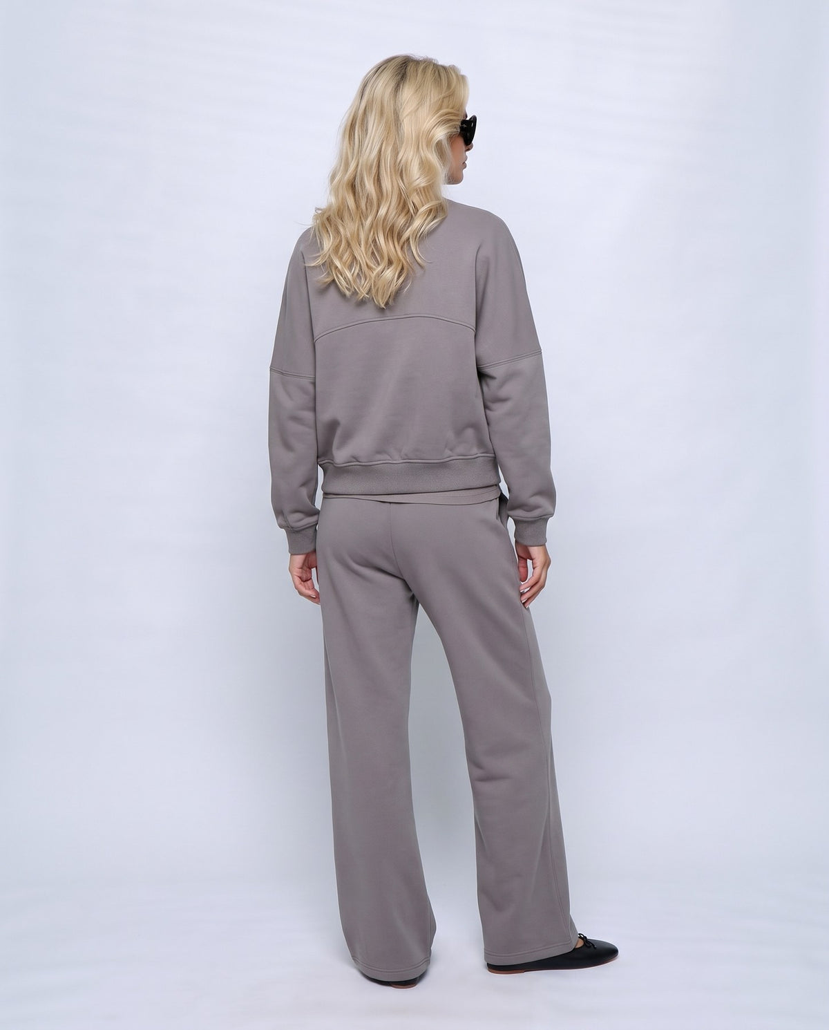 Sasha Zip Jacket & Pant Set in Grey, back view on a non-pregnant model