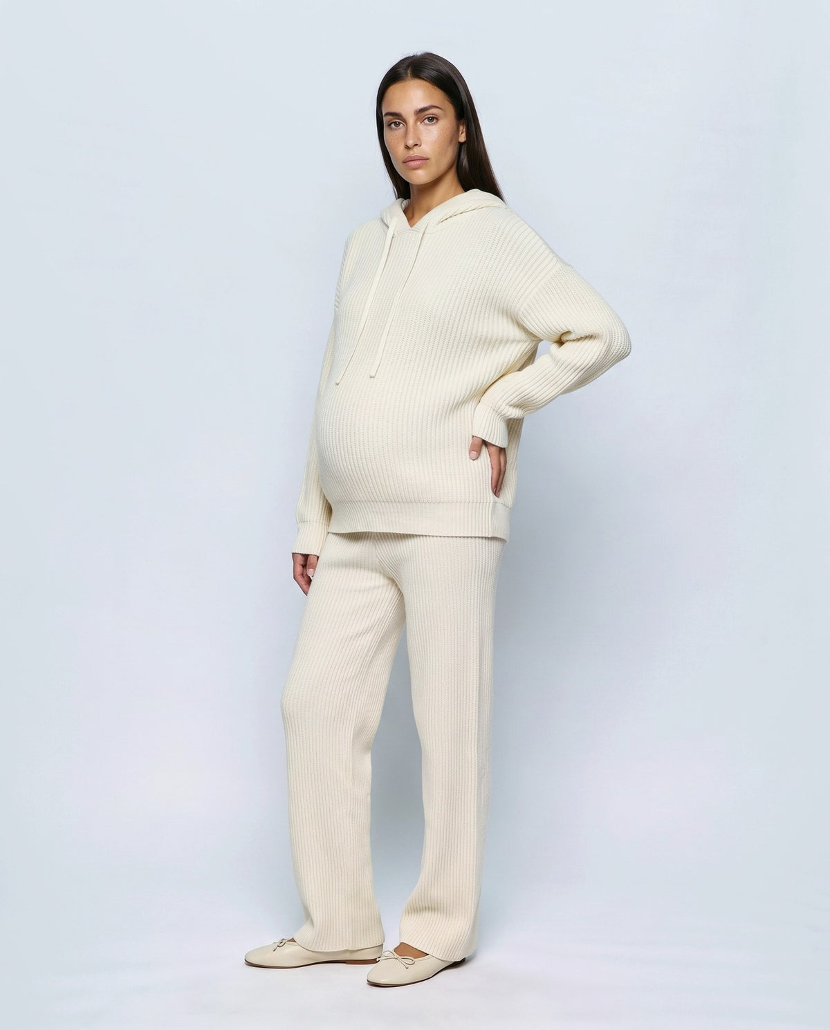 Solene Hooded Two-Piece Set in Cream, front view