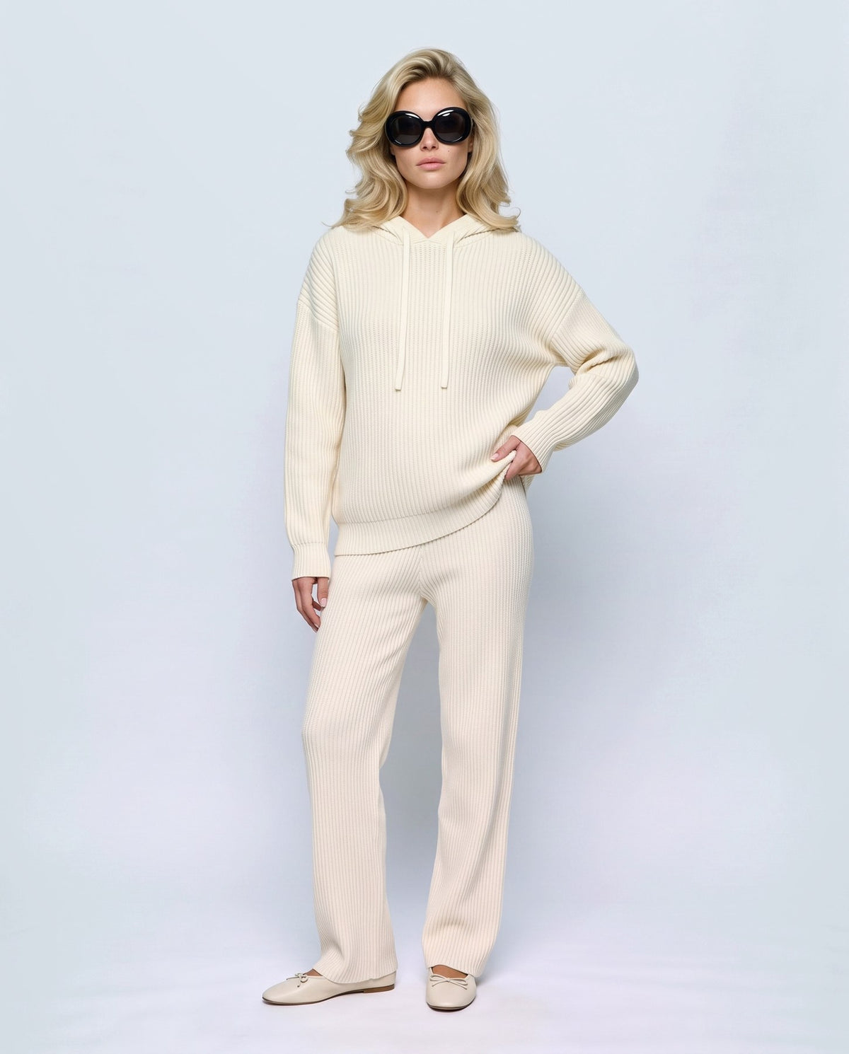 Solene Hooded Two-Piece Set in Cream, front view on a non-pregnant model