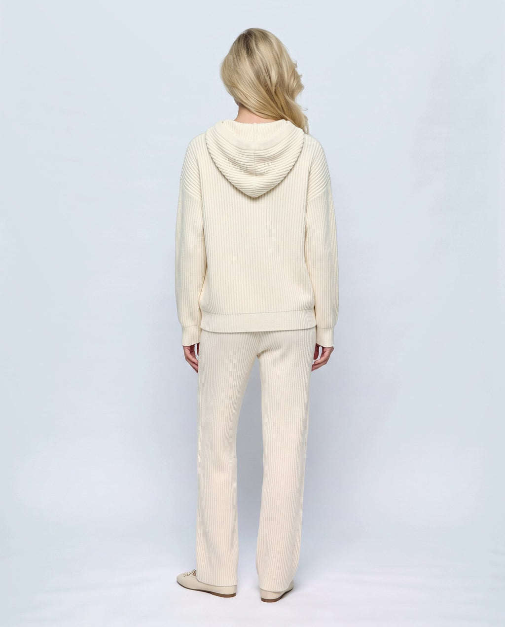 Solene Hooded Two-Piece Set in Cream, back view on a non-pregnant model