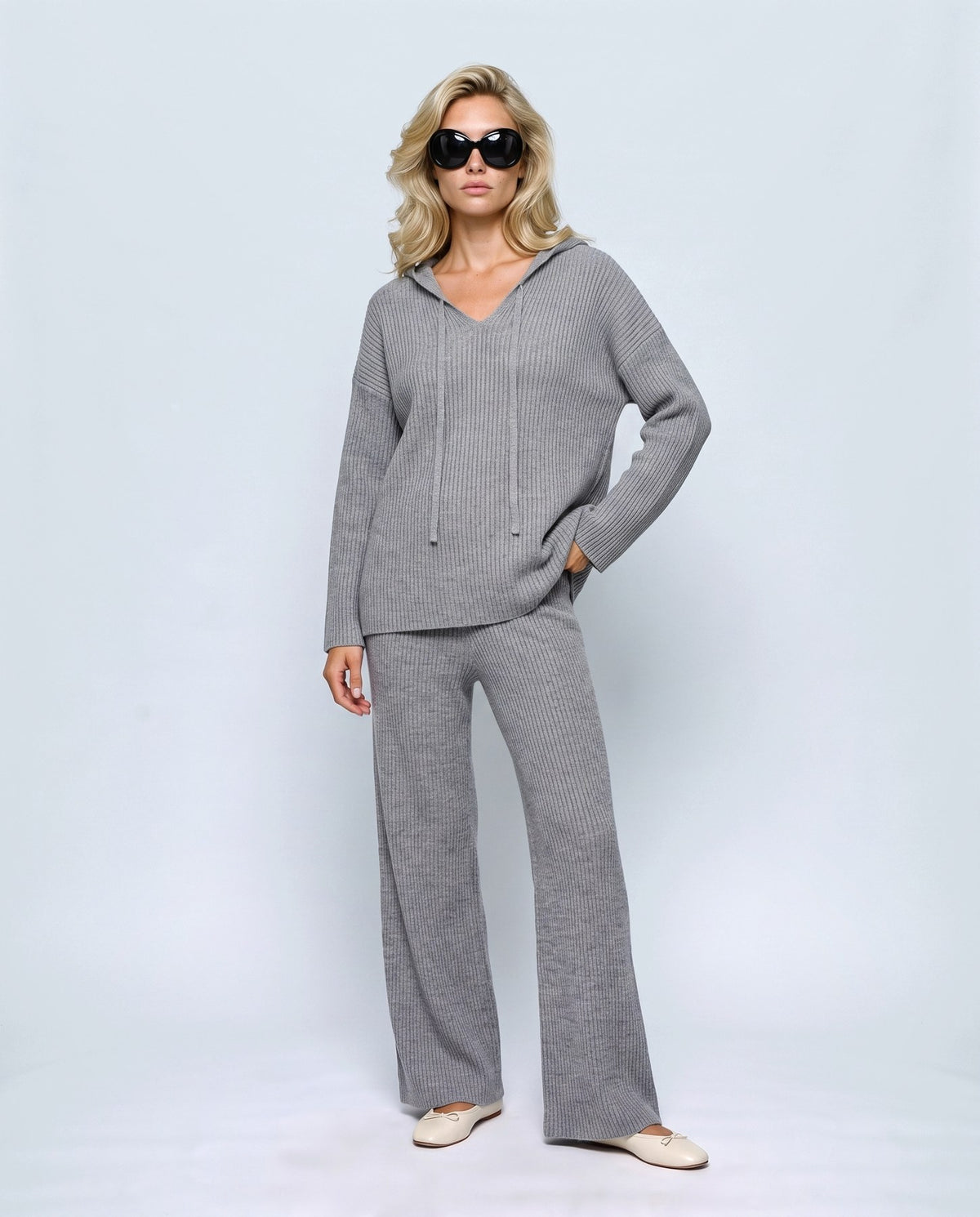 Solene Hooded Two-Piece Set in Grey, front view on a non-pregnant model