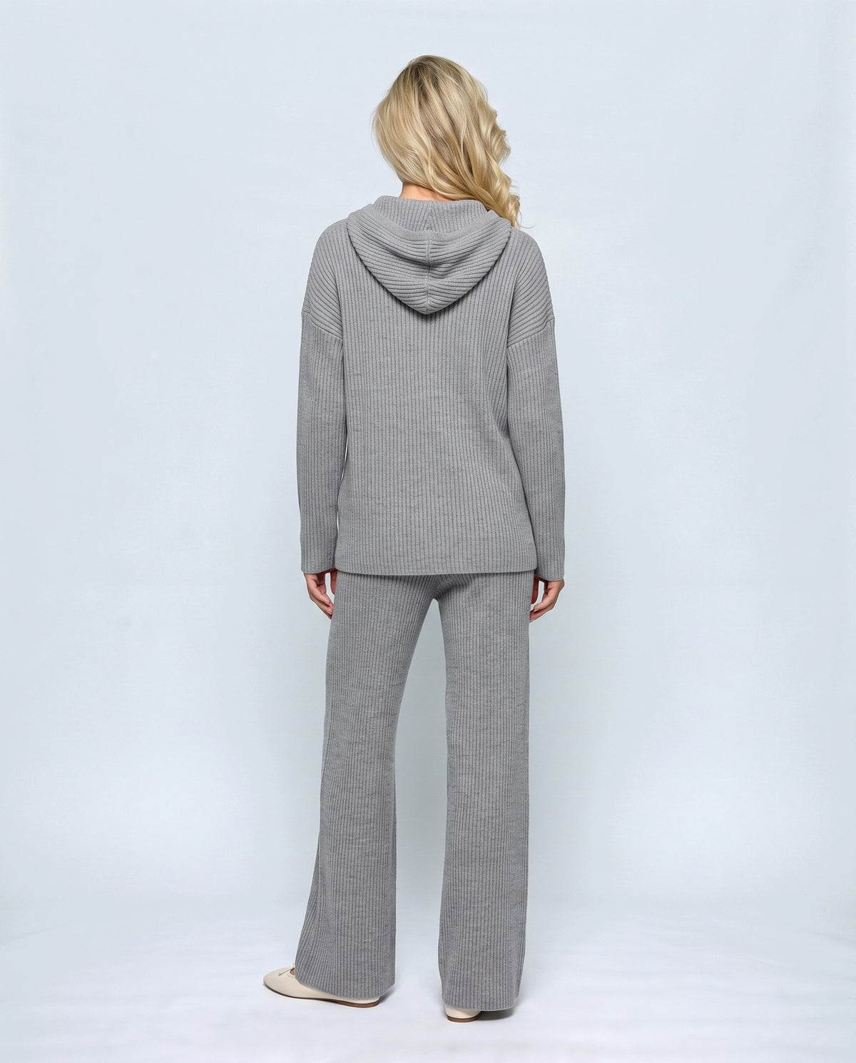 Solene Hooded Two-Piece Set in Grey, back view on a non-pregnant model