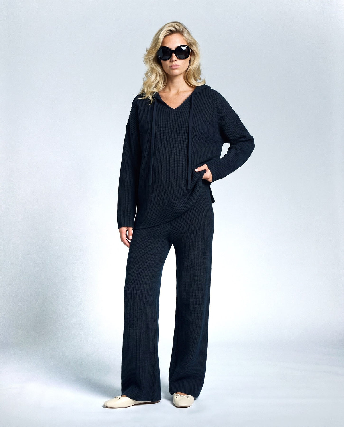 Solene Hooded Two-Piece Set in Navy, front view on a non-pregnant model