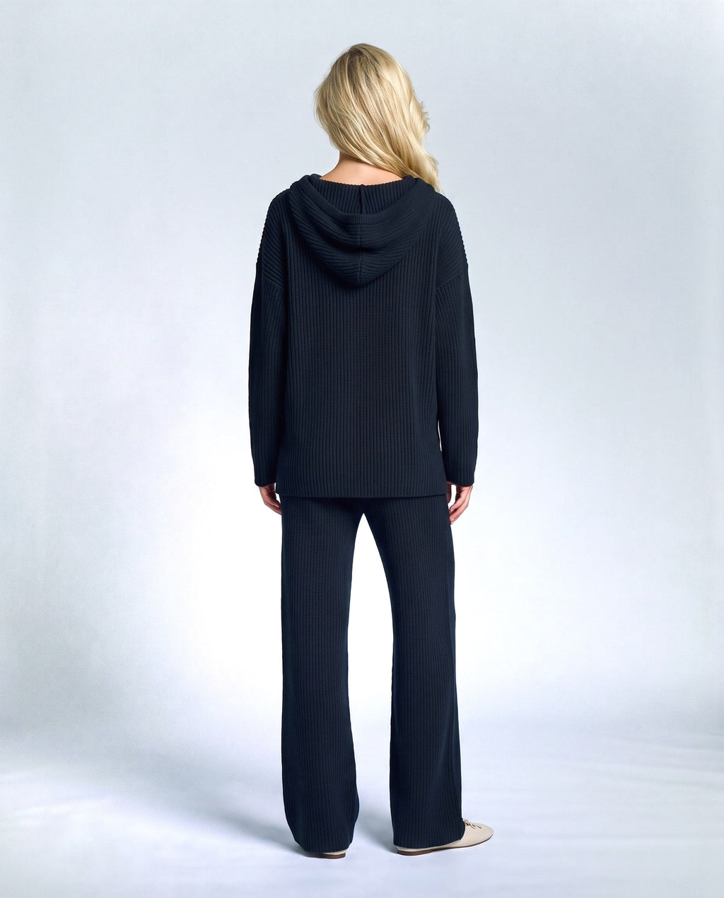 Solene Hooded Two-Piece Set in Navy, back view on a non-pregnant model