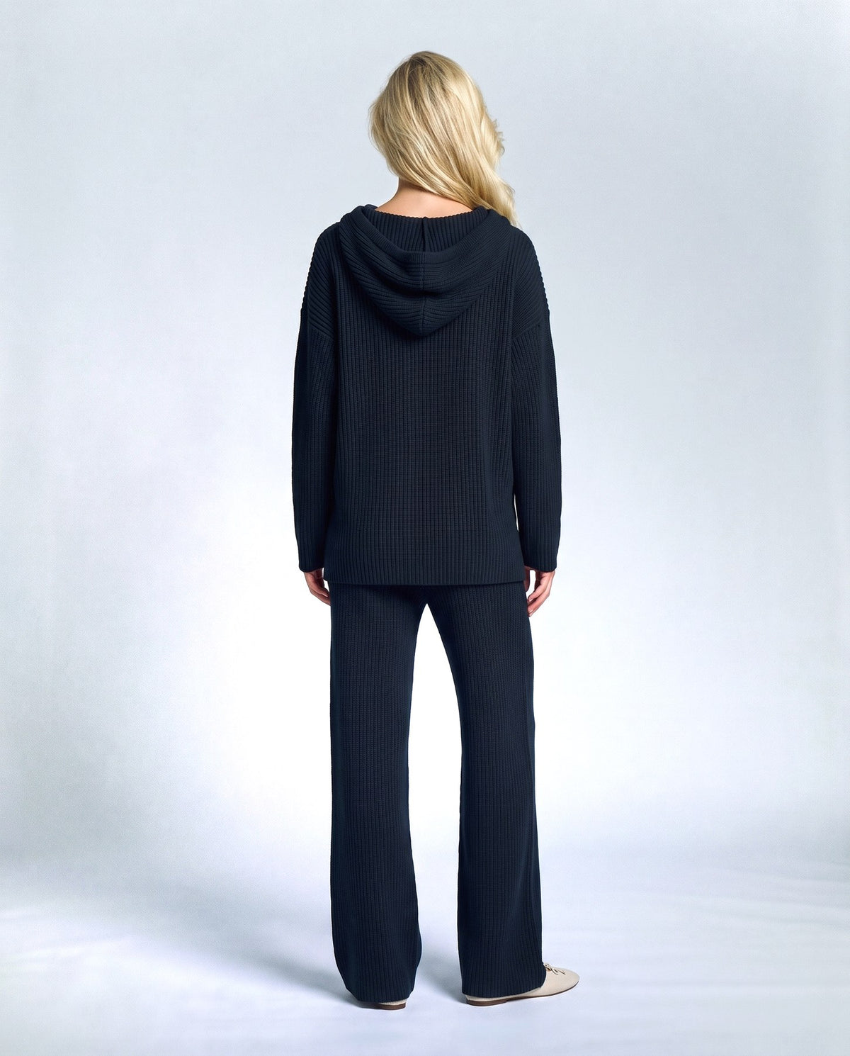 Solene Hooded Two-Piece Set in Navy, back view on a non-pregnant model