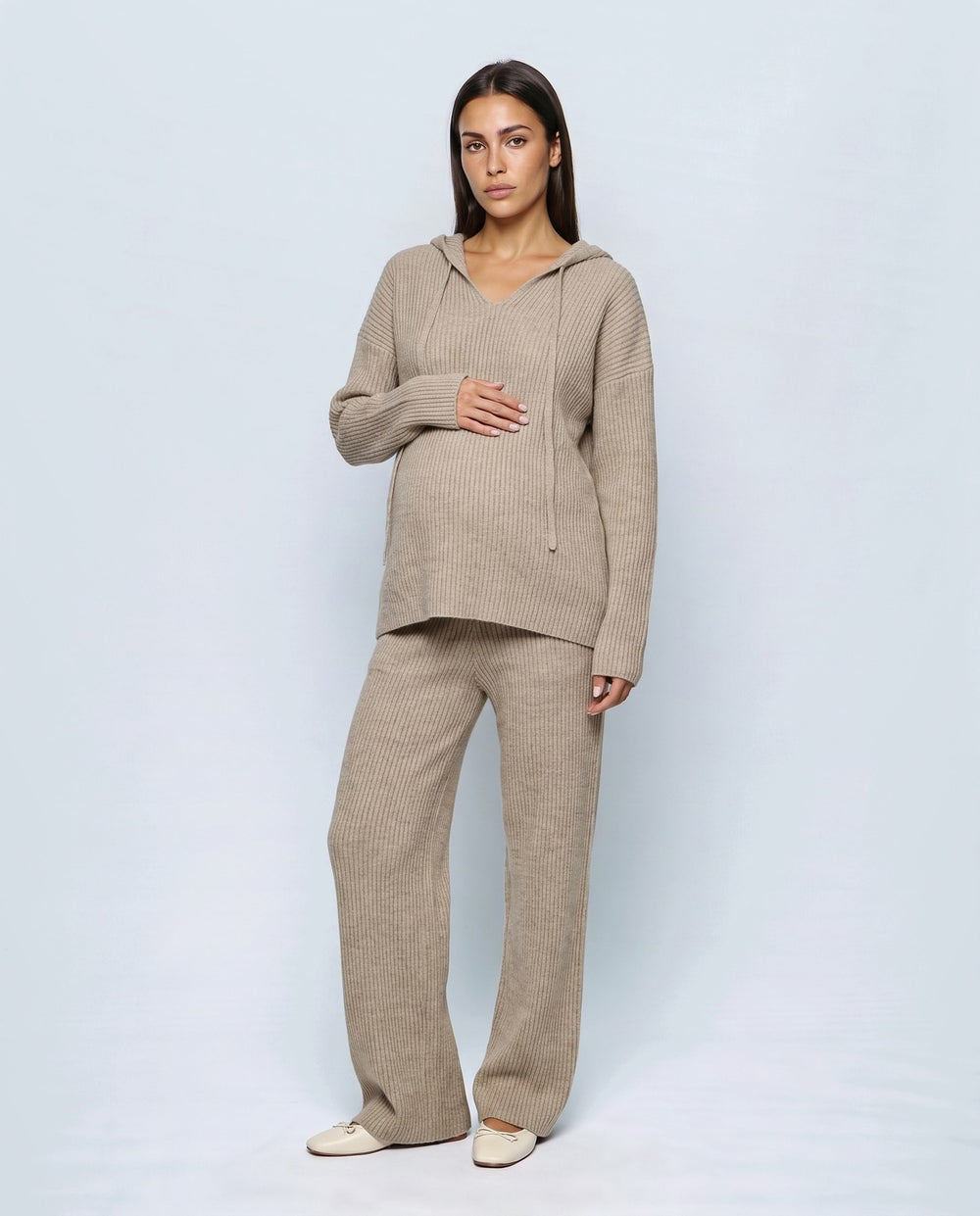Solene Hooded Two-Piece Set in Oatmeal khaki, front view