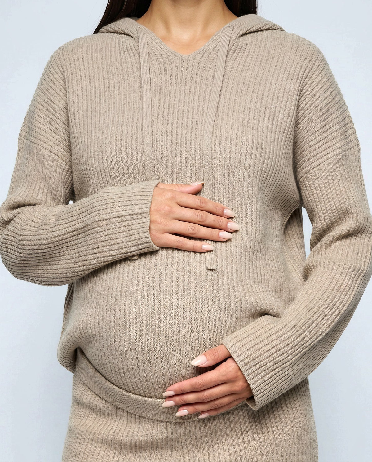 Solene Hooded Two-Piece Set in Oatmeal khaki, fabric detail