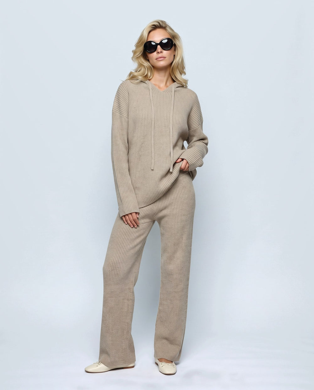 Solene Hooded Two-Piece Set in Oatmeal khaki, front view on a non-pregnant model