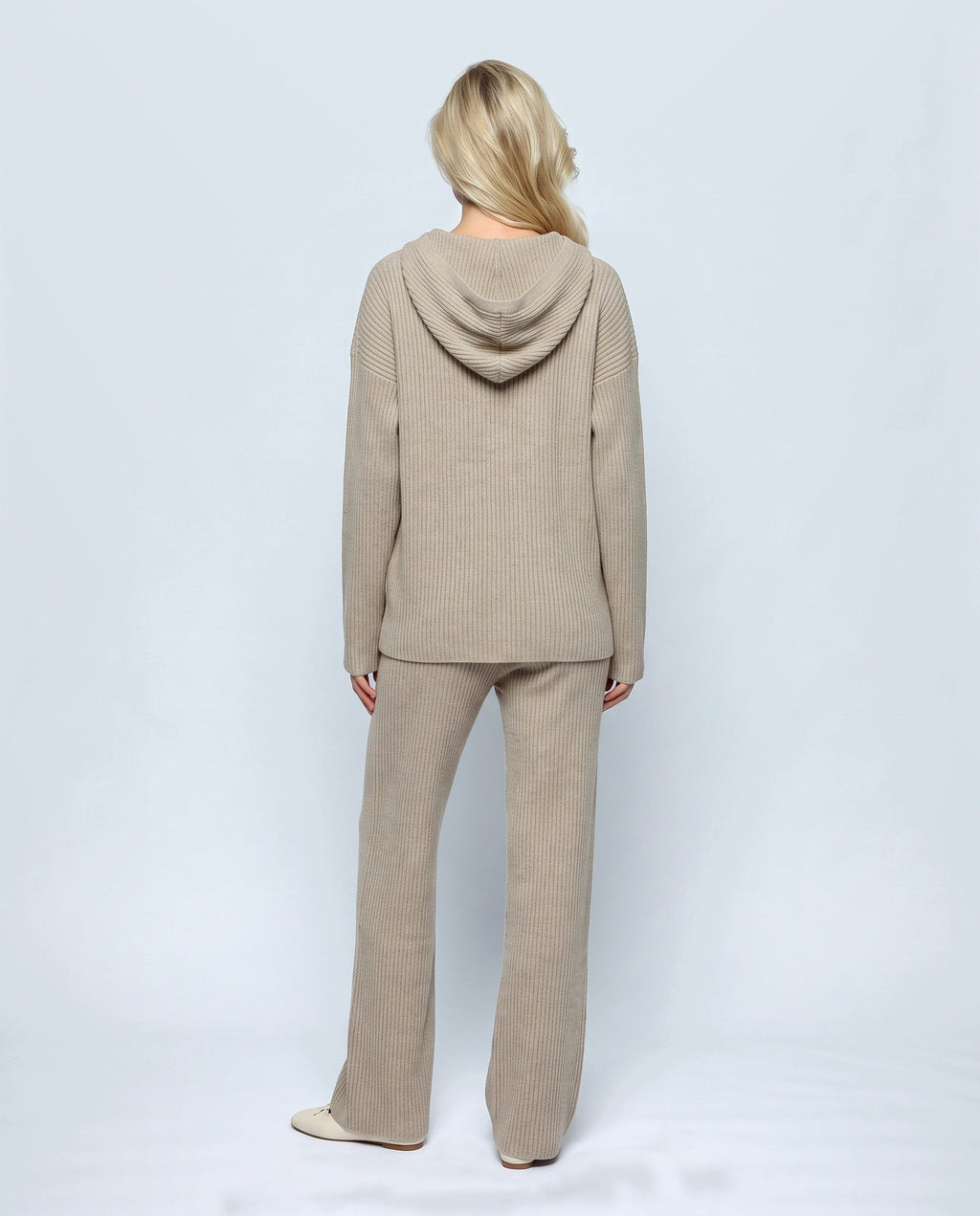 Solene Hooded Two-Piece Set in Oatmeal khaki, back view on a non-pregnant model