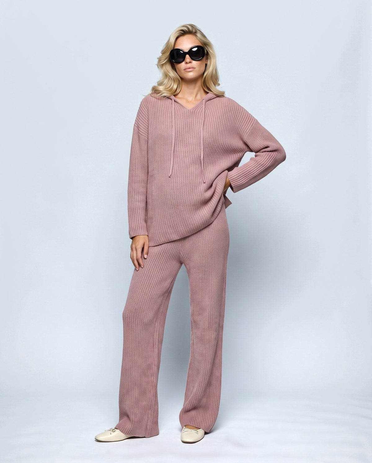 Solene Hooded Two-Piece Set in Rose, front view on a non-pregnant model