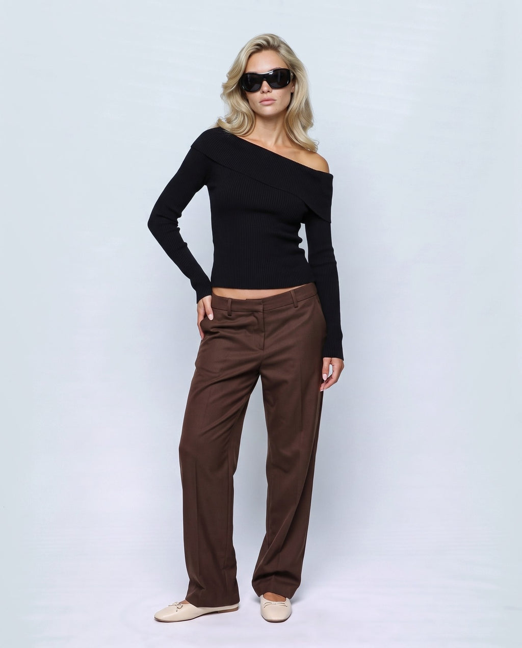 Violette Fold-Neck Sweater in Black, front view on a non-pregnant model