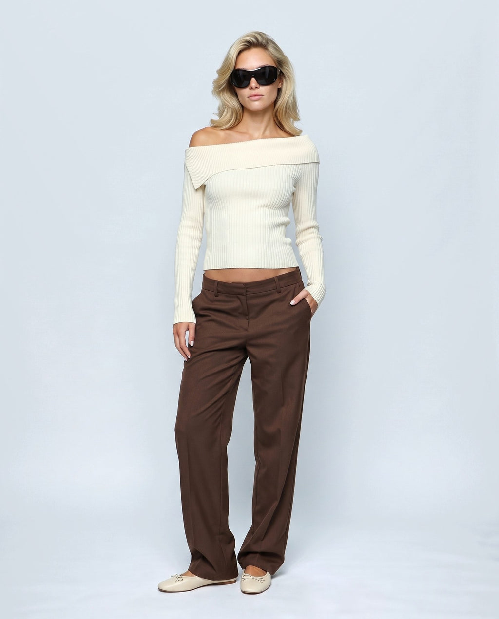 Violette Fold-Neck Sweater in Cream, front view on a non-pregnant model