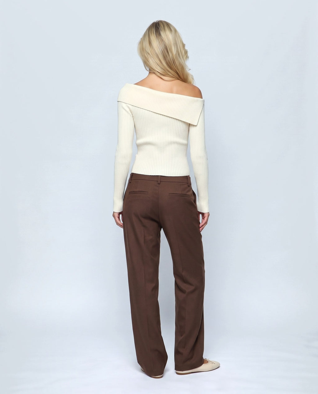 Violette Fold-Neck Sweater in Cream, back view on a non-pregnant model