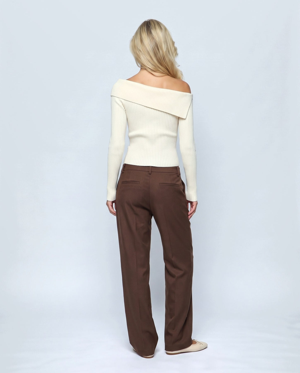 Violette Fold-Neck Sweater in Cream, back view on a non-pregnant model