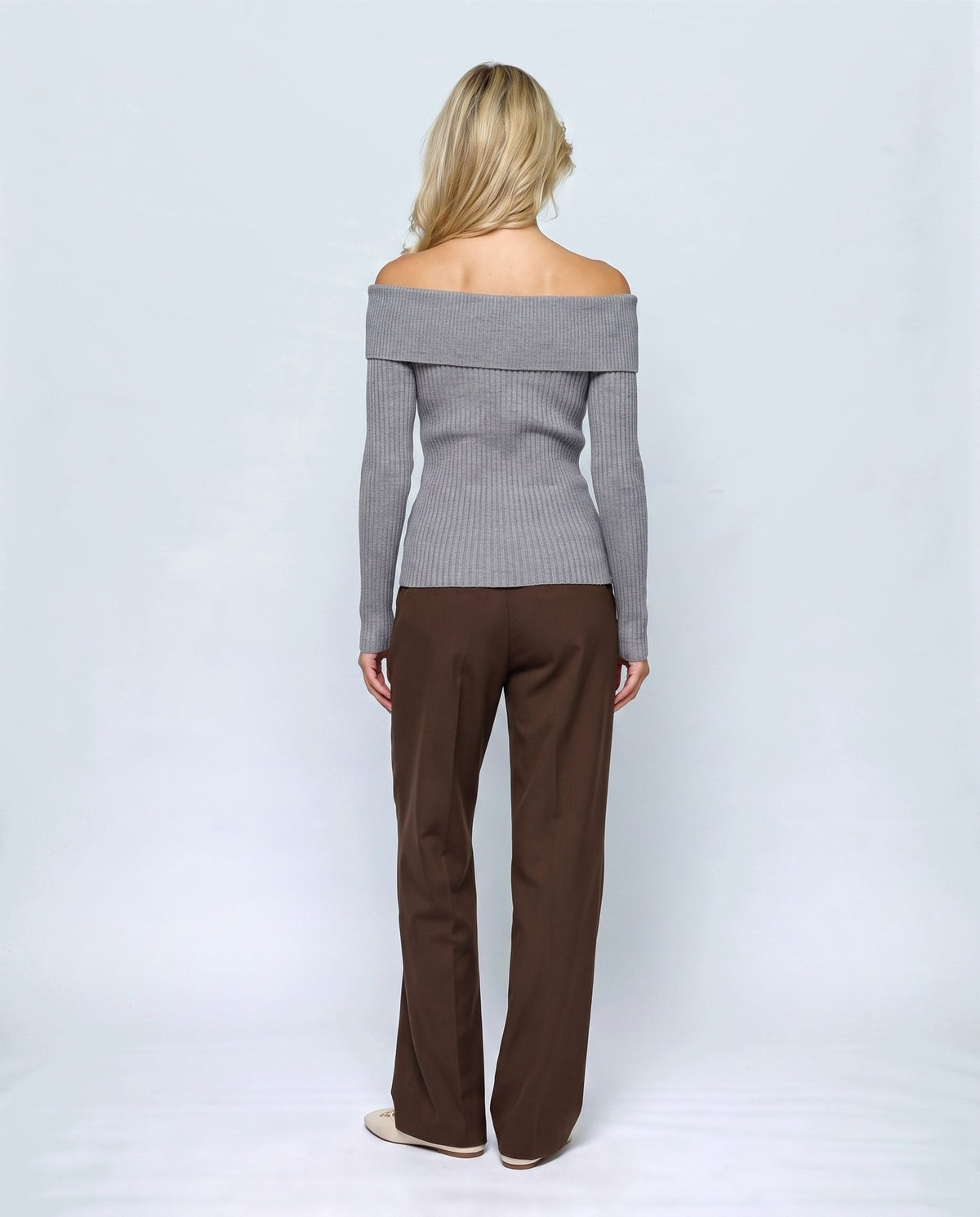 Violette Fold-Neck Sweater in Grey, back view on a non-pregnant model