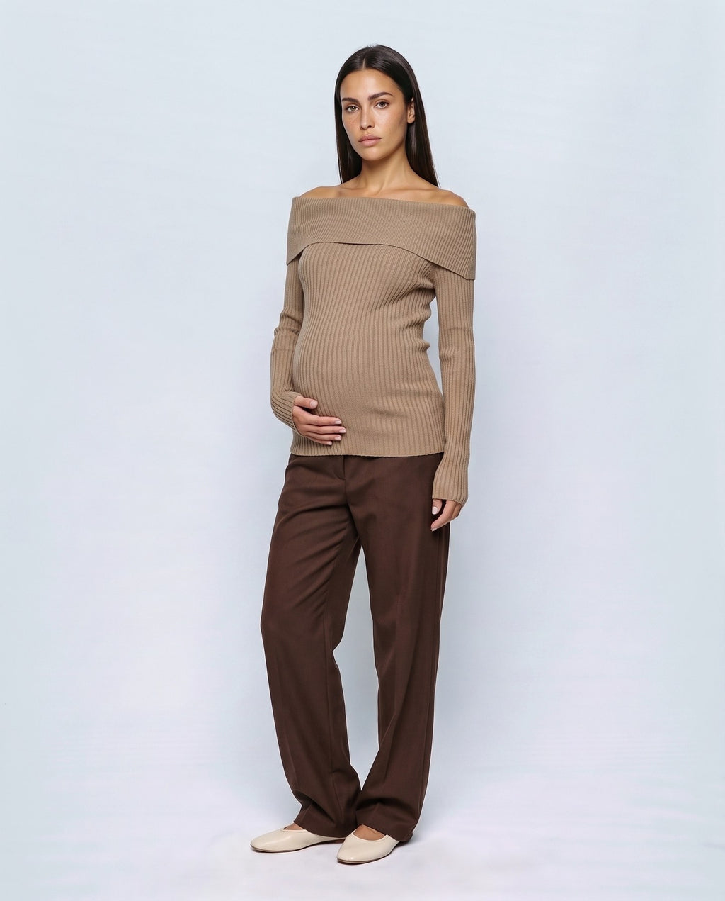 Violette Fold-Neck Sweater in Taupe camel, front view