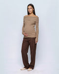 Violette Fold-Neck Sweater in Taupe camel, front view