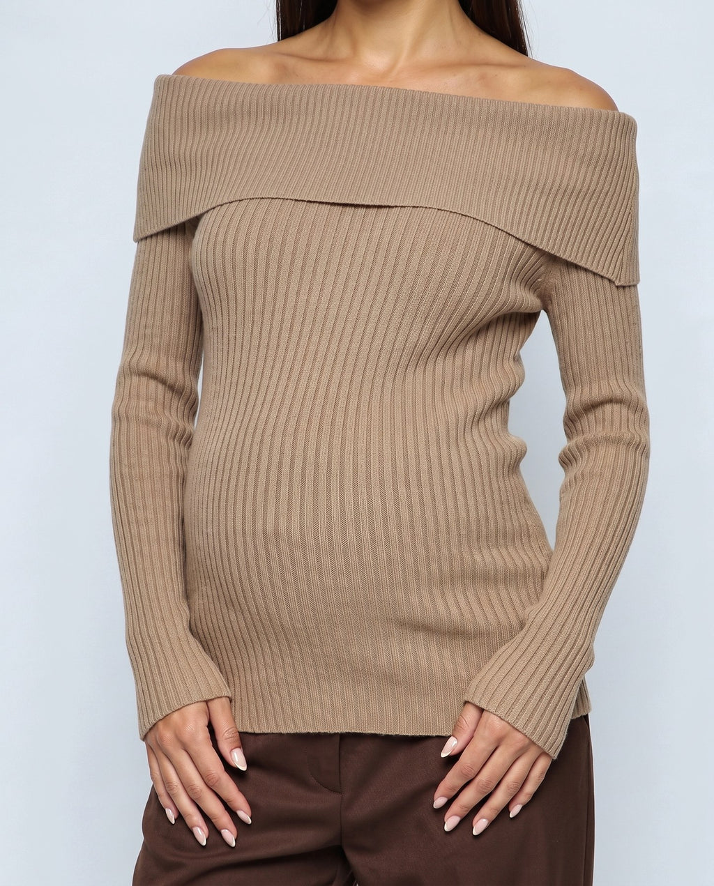 Violette Fold-Neck Sweater in Taupe camel, fabric detail
