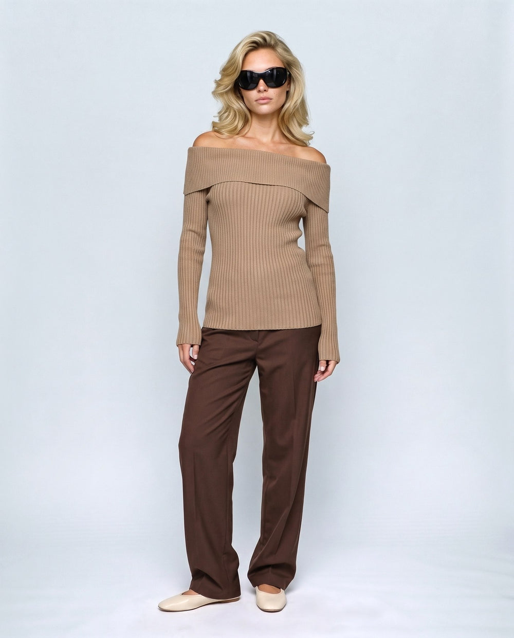 Violette Fold-Neck Sweater in Taupe camel, front view on a non-pregnant model