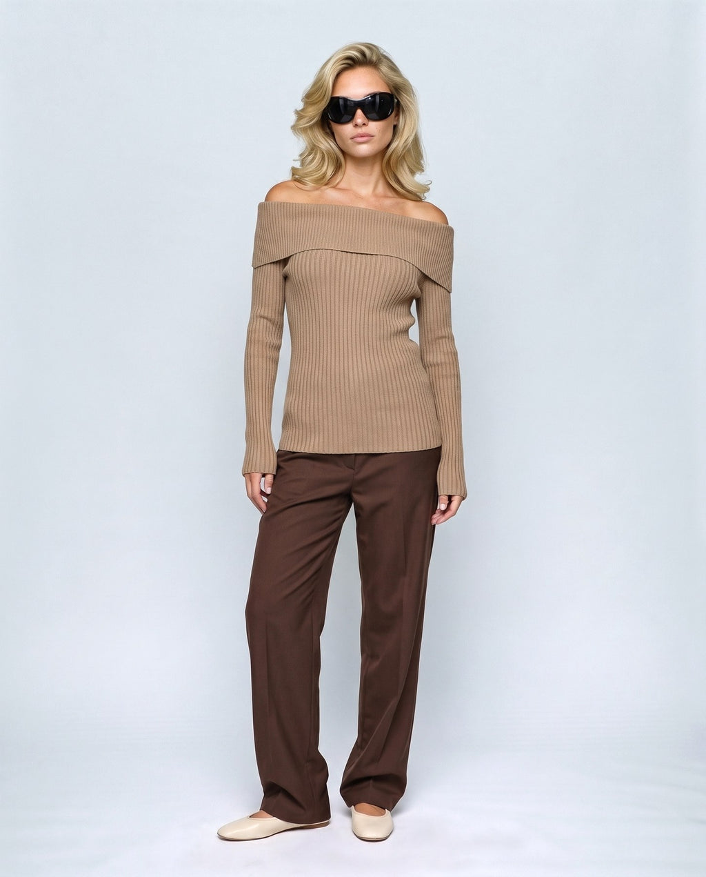 Violette Fold-Neck Sweater in Taupe camel, front view on a non-pregnant model