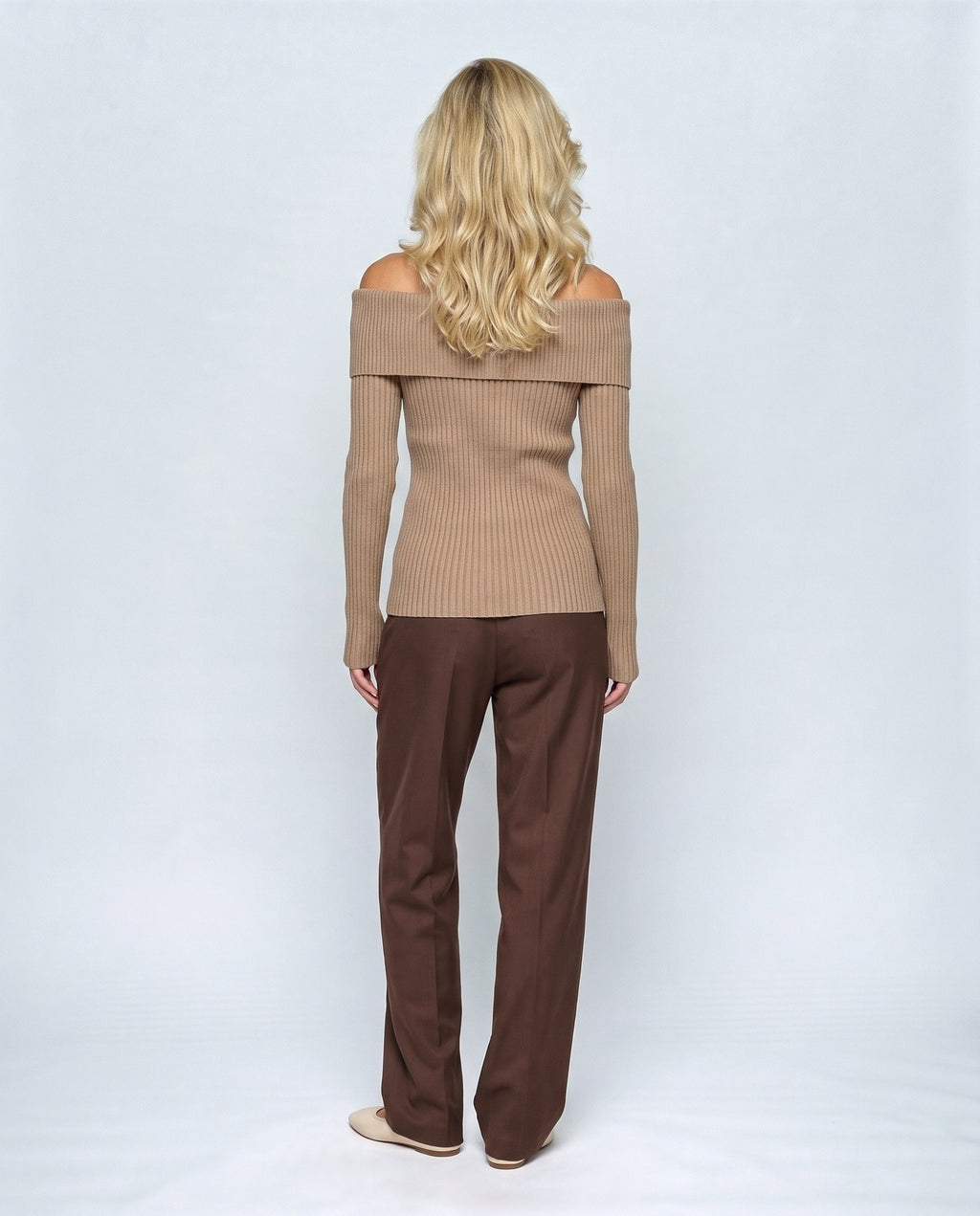 Violette Fold-Neck Sweater in Taupe camel, back view on a non-pregnant model