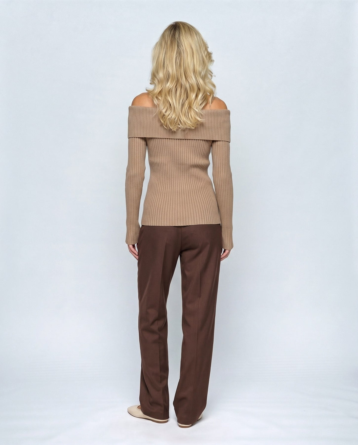 Violette Fold-Neck Sweater in Taupe camel, back view on a non-pregnant model